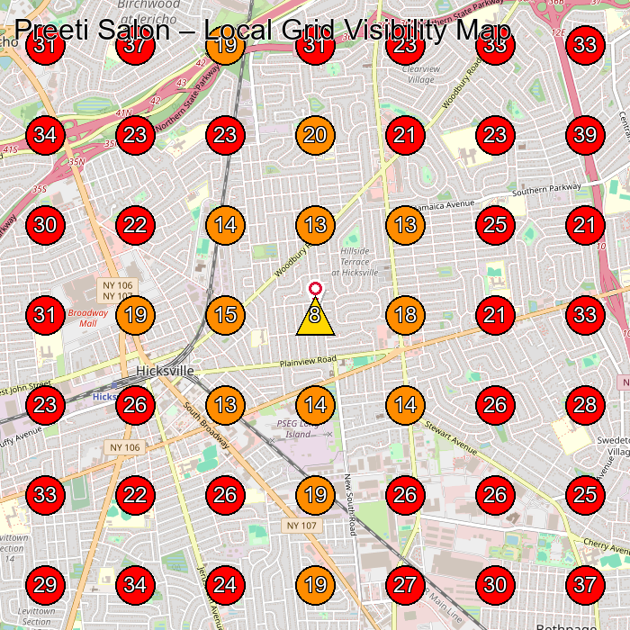 Preeti Salon GeoGrid visibility map for Hair Salon in Hicksville